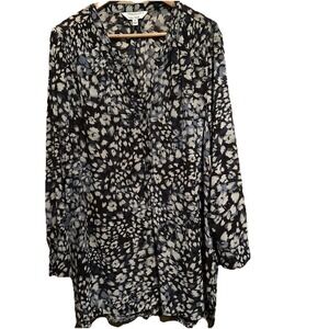 Prescott New York V Neck Pullover Blouse 14 Blue Floral Long Sleeves Tunic NWT